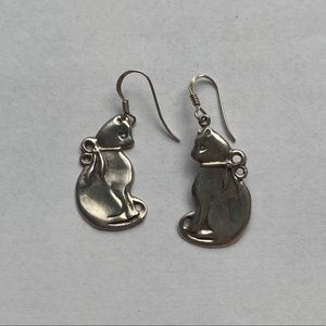 Sterling Silver 925 Pair of Cat Earrings Dangling